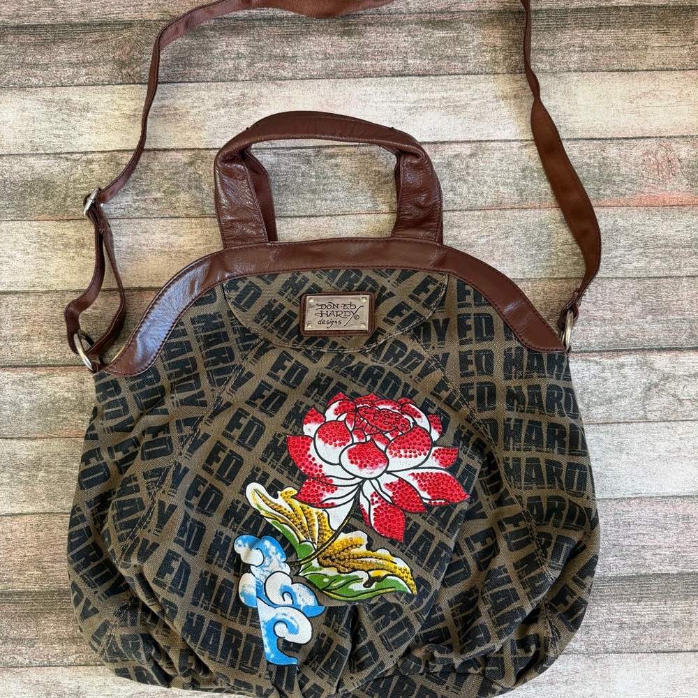 Ed Hardy Y2K Brown and Black Tote with Red Floral Design
